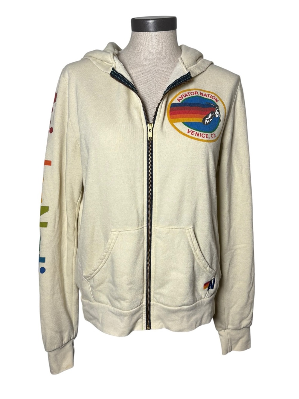 Aviator Nation Venice CA Rainbow Logo Zip Hoodie Cream Medium